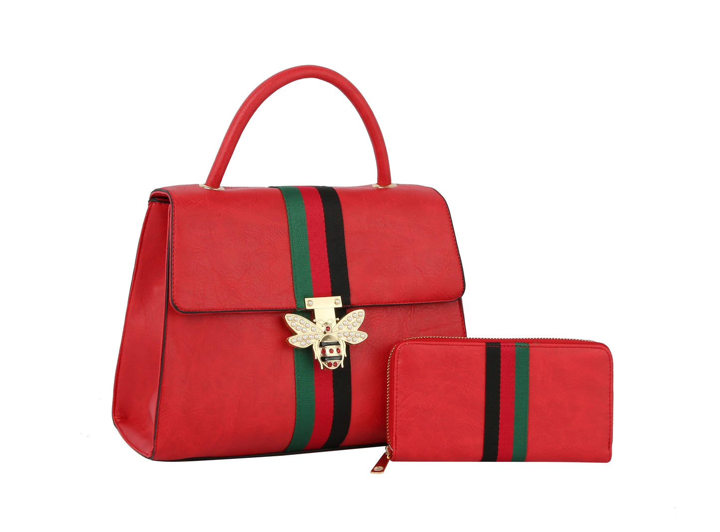 Fashion Bee Stripe Satchel with Wallet: Brown