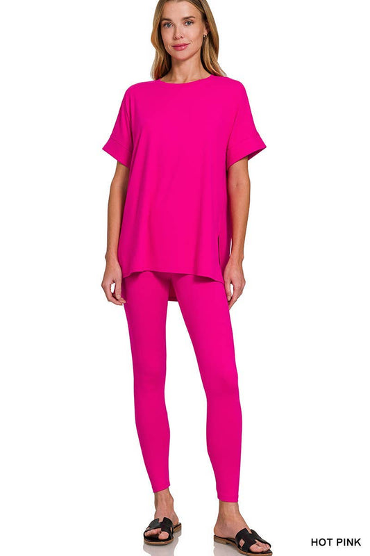 Brushed Dty Microfiber Loungewear Set: HOT PINK