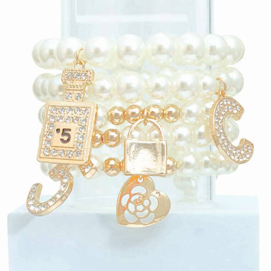 Cream Pearl No. 5 Boutique Charm Bracelets: Cream / Gold / Stretch to Fit
