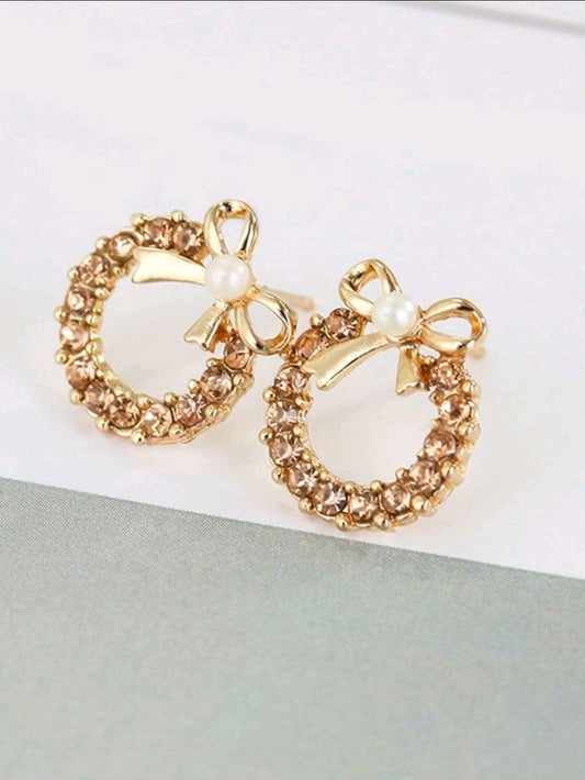 Bow Detail Rhinestone Hoop Earrings 1pair